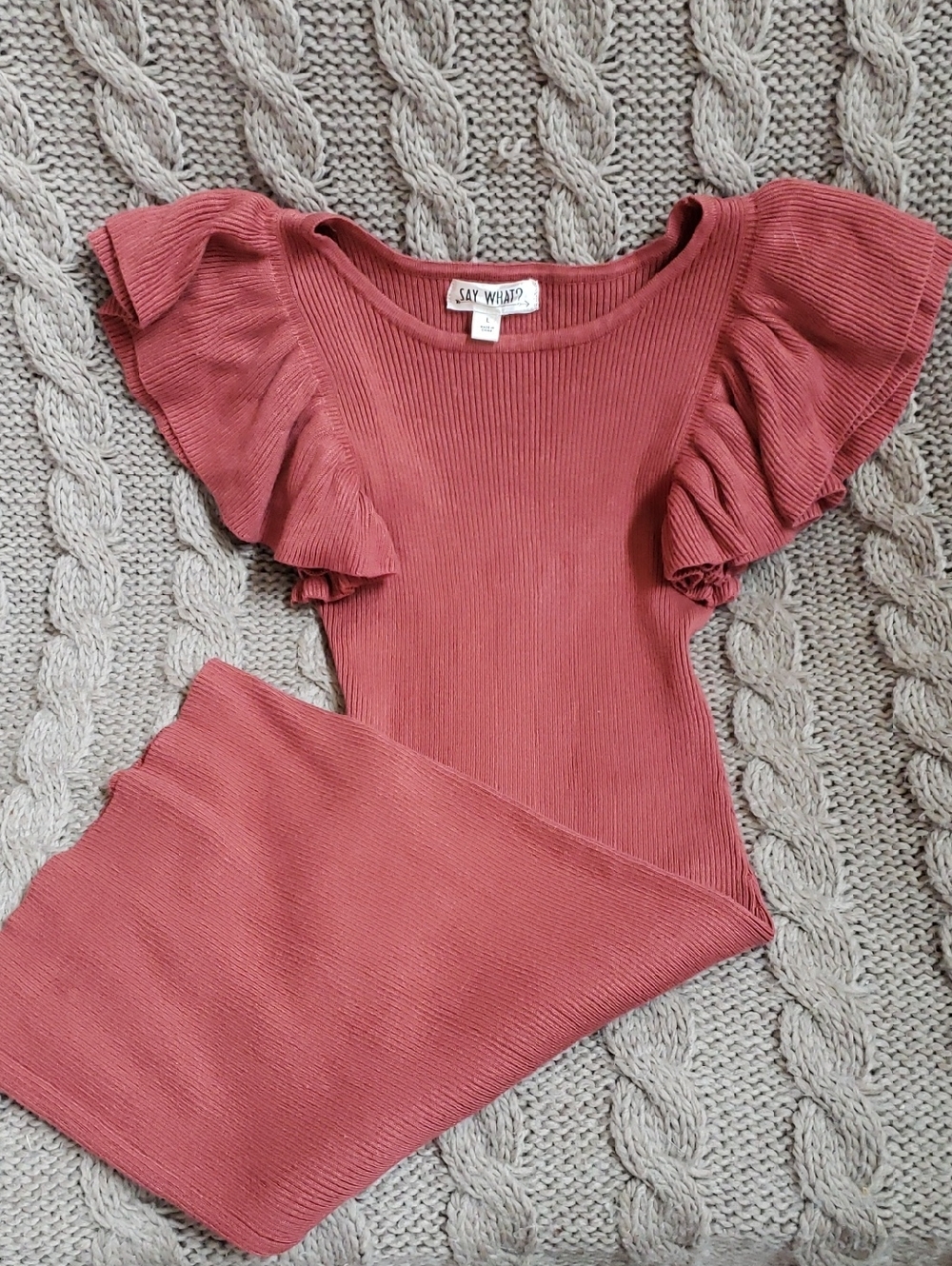 Ribbed Flutter-Sleeve Knit Dress